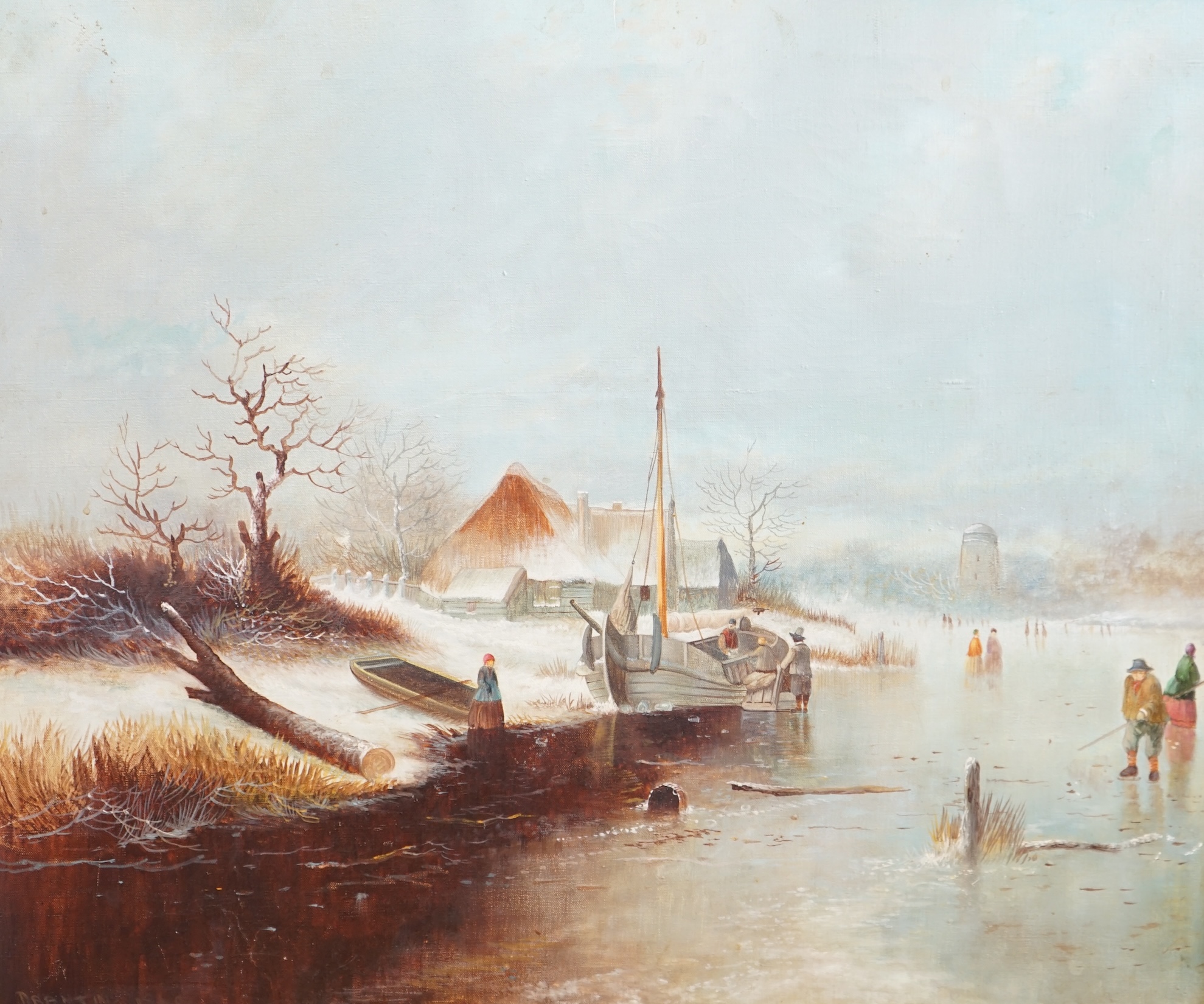 Dutch School, oil on canvas, Winter landscape with figures skating, bears indistinct signature, 49 x 59cm. Condition - fair, would benefit from a clean